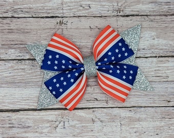 Stars and Stripes Hair Bow, Silver Glitter Hair Bow, 4" hair bow