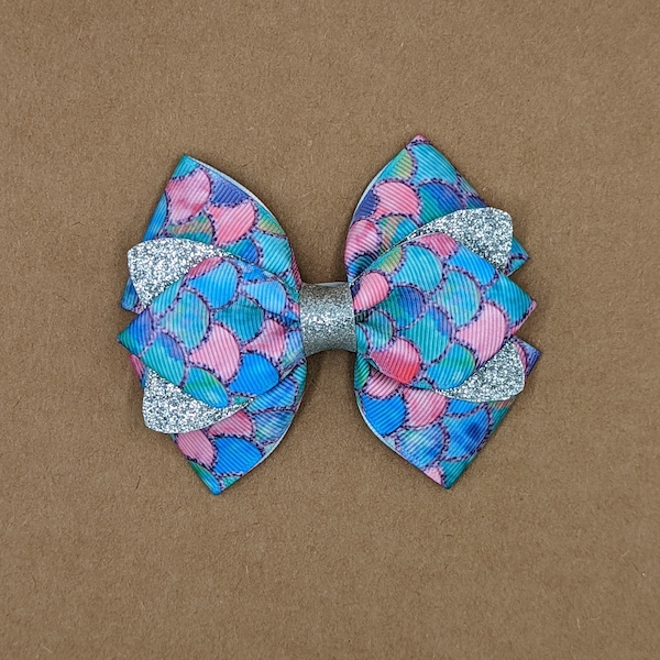 Rainbow Fish Inspired -  Pink, Purple, Blue, Green Scales Hair Bow with Silver Glitter, Toddler Rainbow Fish Bow, Book Hair Bow