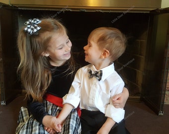 White and Black Buffalo Plaid Bow Tie and Hair Bow Set, Festive Holiday Party Attire, Family Matching Outfits, Buffalo Plaid Hair Bow