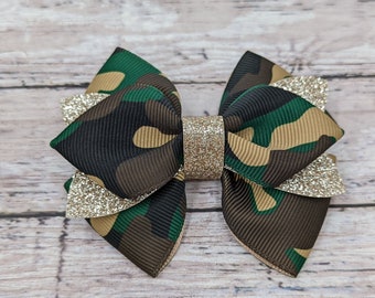 Camo Hair Bow with Gold Glitter