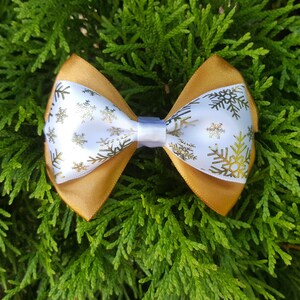 Snowflake Hair Bow, Winter Accessory, Festive Holiday Party Attire, Gold Bow - Ready to Ship