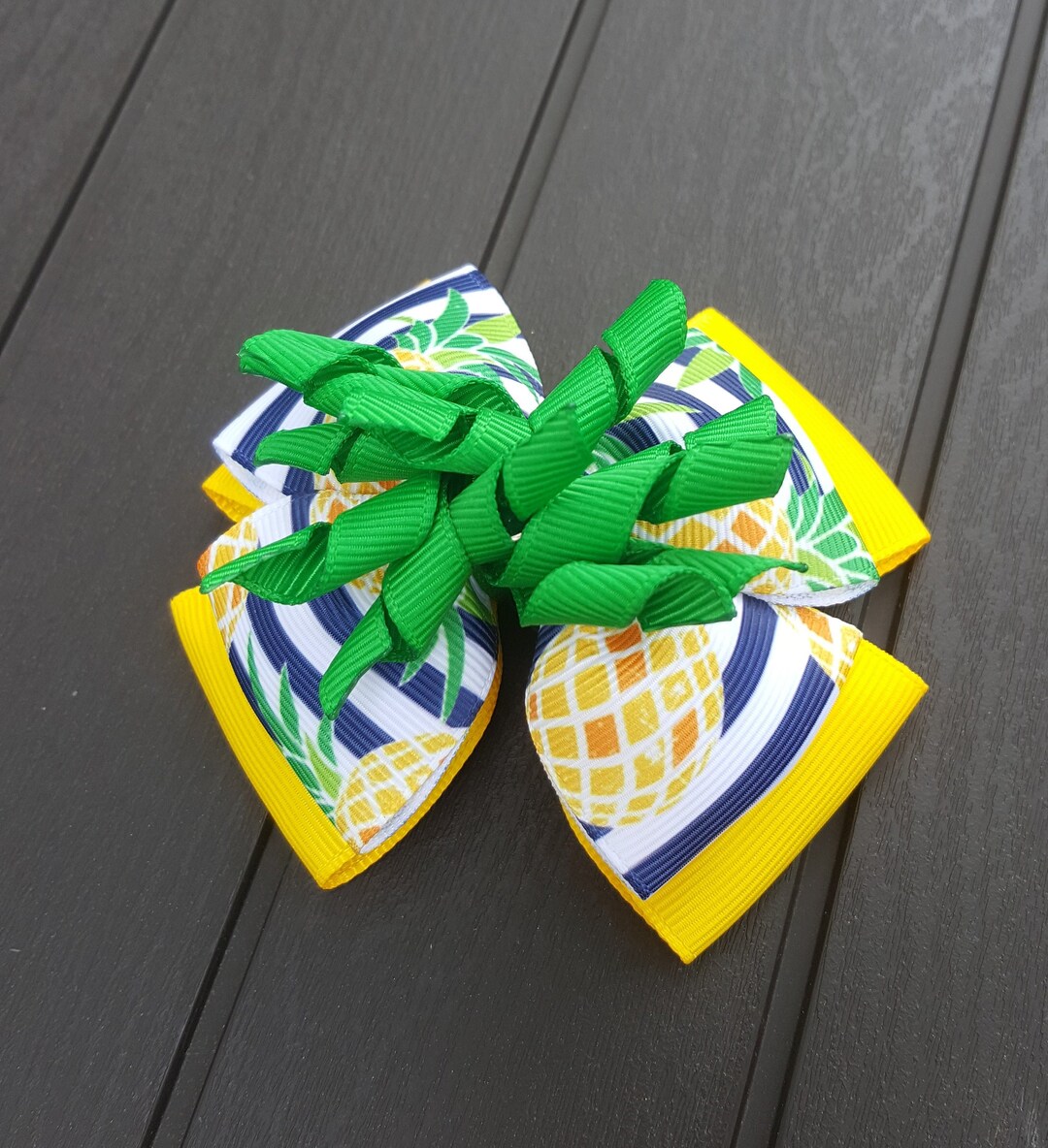 Pineapple Hair Bow With Green Korker Ribbon Summer Hair Bow Etsy