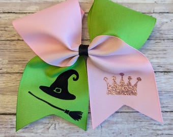 Pink and Green Hair Bow with Crown, Witch Hat and Broom, Gift for Girl, Bow inspired by the Wicked movie