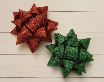 Christmas Gift Hair Bow, Red or Green Glitter - Christmas Bow for Girls