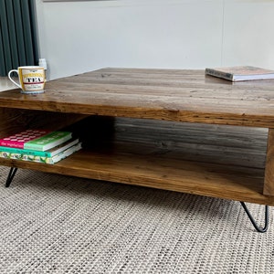 Handmade Industrial Rustic Reclaimed Wood Square Scaffold Board Storage Coffee Table With Hairpin Legs Choice Of Colours Old Wood New Life