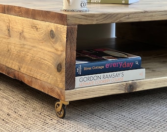 Handmade Reclaimed Wood Storage Coffee Table – Rustic Industrial, Brass Wheels