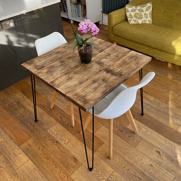Handmade Industrial Rustic Reclaimed Wood Square Scaffold Board Dining Table With Hairpin Legs. Old Wood New Life