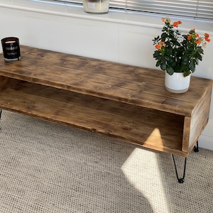 Puede incluir: Un soporte de TV de madera r&uacute;stica con un estante y patas de horquilla negras. El soporte est&aacute; sobre una alfombra gris claro y tiene una planta en maceta con flores naranjas en la parte superior.