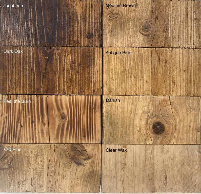 Puede incluir: Muestras de color de tinte para madera en varios tonos de marr&oacute;n, incluyendo Jacobean, Marr&oacute;n medio, Roble oscuro, Pino antiguo, Feel the Burn, Dan&eacute;s, Pino viejo y Cera clara.