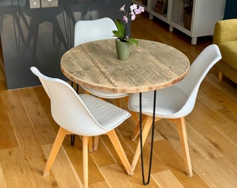 Handmade Reclaimed Wood Round Dining Table – Rustic Industrial Hairpin Legs
