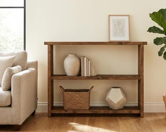 Rustic Reclaimed Wood Console Table with Shelves | Entryway Hallway Table | Farmhouse Low Bookshelf | Solid Wood Storage Display Unit