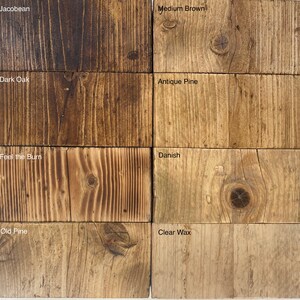May include: Wood stain color samples in various shades of brown, including Jacobean, Medium Brown, Dark Oak, Antique Pine, Feel the Burn, Danish, Old Pine, and Clear Wax.