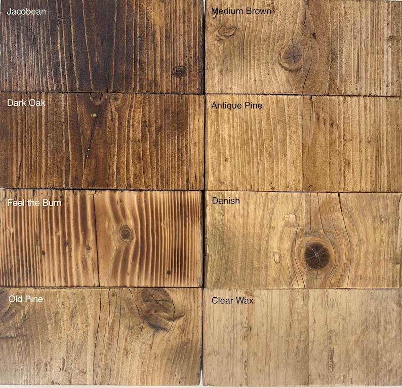 May include: Wood stain color samples in various shades of brown, including Jacobean, Medium Brown, Dark Oak, Antique Pine, Feel the Burn, Danish, Old Pine, and Clear Wax.