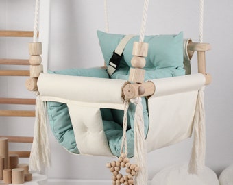 Cream and Turquoise Blue Cotton Canvas Quilted Baby Swing, Highchair, Garden Swing, Baby Gift, Birthday Gift, Swing Pillow, Home Swing, Gift