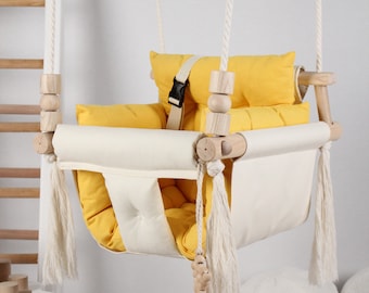 Cream and Yellow Cotton Canvas Quilted Baby Swing, Highchair, Home Swing, Gift For Mom, Birthday Gift, Swing Pillow, Home Swing,Gift,Nursery