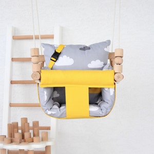 Handmade Wooden Baby Swing: Yellow Cotton, Montessori Design