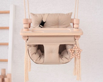 Baby Swing, Cotton Dark Beige Canvas Quilted Swing, Toys, Indoor Swing, Garden Swing, Gift For Baby, For Mom, Swing with pillow, Swing