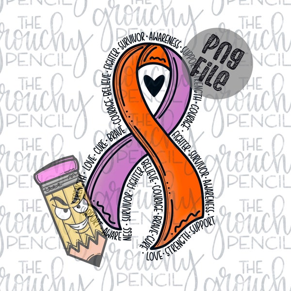 Pink orange awareness ribbon Handlettered PNG digital download sublimation transfer file, Tshirt design