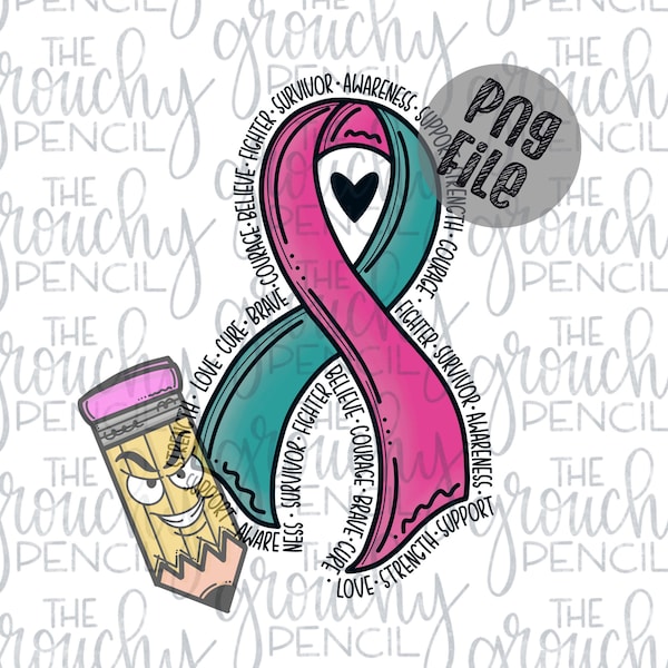 Teal and Pink awareness ribbon Handlettered PNG digital download sublimation transfer file, Tshirt design