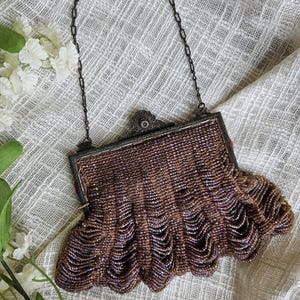 Antique 1920s Beaded Evening Bag – RARE COLOR Glass Beads, Silk Lining, Ornate Filigree Frame – Edwardian Art Deco Purse Great Gatsby Clutch