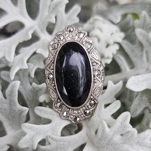 Vintage Marked Sterling Silver Onyx Marcasite Ring | Art Deco Statement Ring 1930s 1940s | Antique Oval Cocktail Ring Size 4