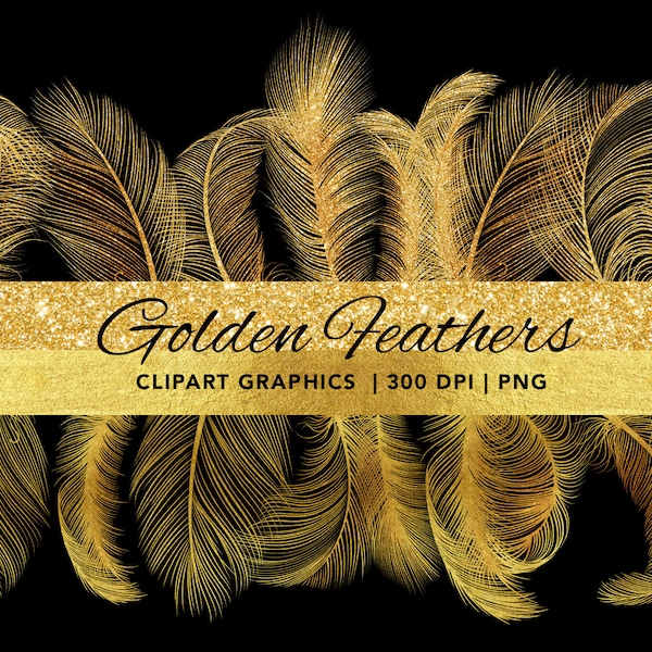 Golden Foil and Golden Glitter Feather Clipart for scrapbook, flyer/invitation design | Gold Feathers | Instant Download | Commercial use