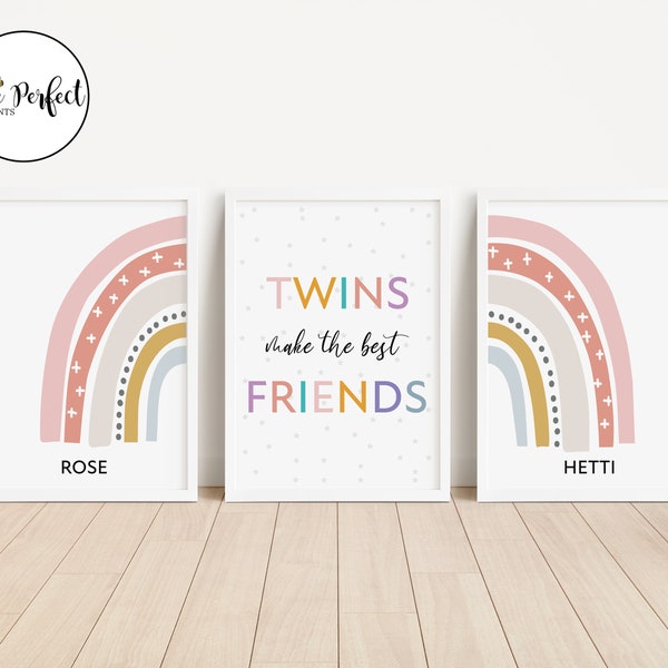 Personalised Half Rainbow Trio Birth Prints for twins, Nursery, Bedroom,Newborn Baby Gift Idea,Wall Art,Home Print for Baby Bedroom,Custom