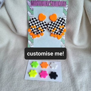 Neon/checkered crying heart earrings/polymer clay/ tattoo vibes/ funky jewellery