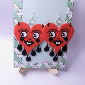Devil goofy heart earrings/ polymer clay/ crying heart/ love/ passion/ trad tattoo/ big earrings/ heart/ cheeky/ valentines