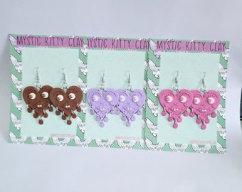 Monochrome mini goofy heart earrings/ polymer clay/ crying heart/ trad tattoo/ valentine&#39;s/ dangle/ big earrings