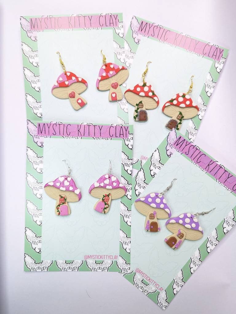 Mushroom earrings/polymer clay/ mushies/ cottagecore/lovestruck/ valentine's/ fae/ whimsical/ pink