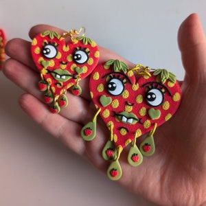 Strawberry goofy hearts/ crying heart/ polymer clay earrings/ cottagecore/ strawberrycore/ spring earrings/