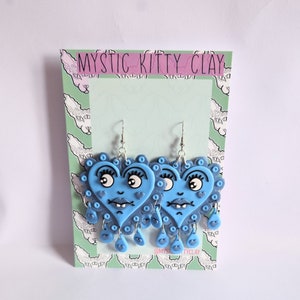 Scalloped edge blue goofy heart earrings/ polymer clay/ crying heart/ trad tattoo/ dangle/ big earrings