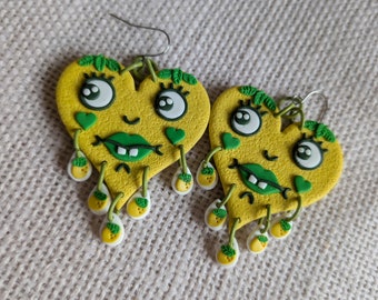 Lemon mini goofy heart earrings/ polymer clay/ crying heart/ trad tattoo/ citrus summer/ dangle/ big earrings