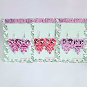 checkered mini goofy heart earrings/ polymer clay/ crying heart/ trad tattoo/ valentine&#39;s/ dangle/ big earrings
