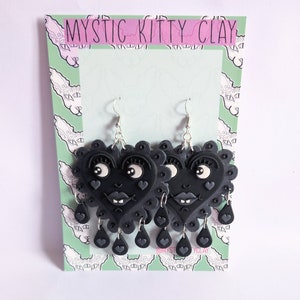Scalloped edge black goofy heart earrings/ polymer clay/ crying heart/ trad tattoo/ dangle/ big earrings
