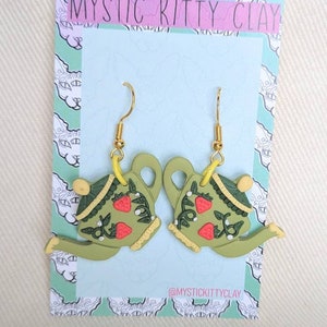 Strawberry teapot earrings/ polymer clay/ cottagecore/ strawberrycore/ vintage style