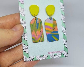 Small arch dangle neon marbled earrings/ polymer clay/  retro/ festival/ alternative/ rave