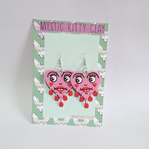 Pink & red mini goofy heart earrings/ polymer clay/ crying heart/ trad tattoo/ valentine&#39;s/ dangle/ big earrings