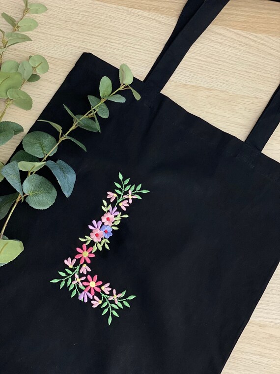 Personalised Embroidered Tote Custom Floral Initial Design Cotton Canvas Totebag Black Reusable Shopping Bag Etsy Ireland