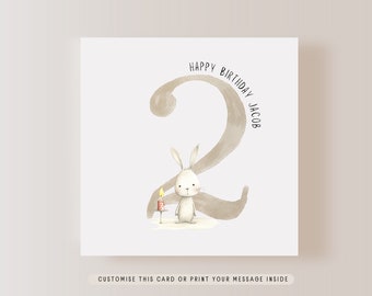 Happy 2nd Birthday Child's Greeting Card | Bunny Rabbit Print Gender Neutral Card, Personalised Gift for Boys, Letterbox Gift for Girls