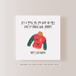 Weihnachtspullover Grußkarte | Hässliches Weihnachtspullover-Spaßgeschenk, personalisierte Karte für ihn, Letterbox Geschenk für sie, Karte für Bruder, Schwester