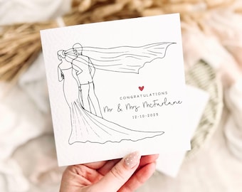 Line Drawn Wedding Card - Personalised Wedding Greeting Card for Couple