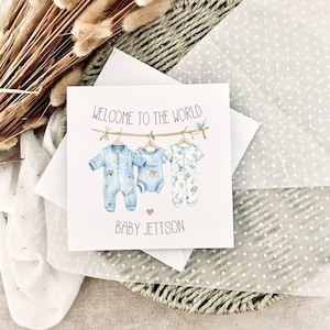 Nouvelle carte bébé | Corde à linge personnalisée bleue, cadeau pour bébé, nouveau-né, bienvenue dans le monde, carte de félicitations pour bébé, nouvelle arrivée
