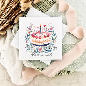 Cartão de aniversário para ela | Bolo floral personalizado, cartão feminino fofo, presente para ela, desejos de aniversário para amiga, cartão para aniversário | Impressão nº 1