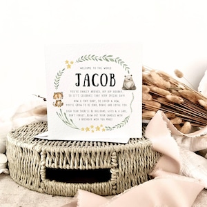 Carte poème bébé nouveau-né de la jungle personnalisée | Carte de naissance animal safari, Carte de bienvenue avec nom personnalisé, Carte de baby shower, Cadeau fait main pour nouveau-né