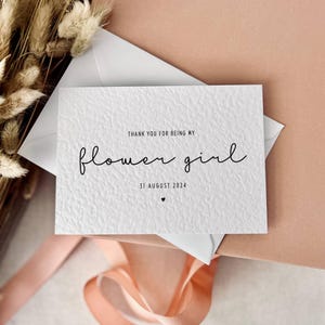 Tarjeta de fecha personalizada de agradecimiento para niña de las flores / Regalo para mi niña de las flores, recuerdo de boda para la fiesta nupcial, caja de regalo, postal de recuerdo de la novia