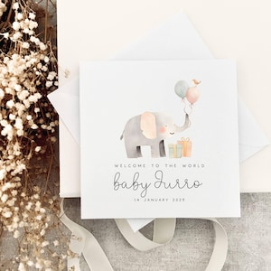 carte personnalisée nouveau-né | Mignon imprimé éléphant pour un nouveau cadeau de naissance, carte de cadeau de félicitations pour nouveau bébé, nouvel arrivage de bébé fille, bébé garçon