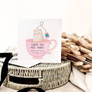 Merci professeur carte de vœux | Carte de remerciement personnalisée TA rose, tasse de thé, carte de fin d'année scolaire, cadeau pour enseignant assistant de classe Merci