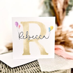 Tarjeta de felicitación con letras amarillas personalizadas / Tarjeta de cumpleaños para niño, tarjeta con nombre de bautizo para niño, regalo de bautismo para niña, sobrina o sobrino